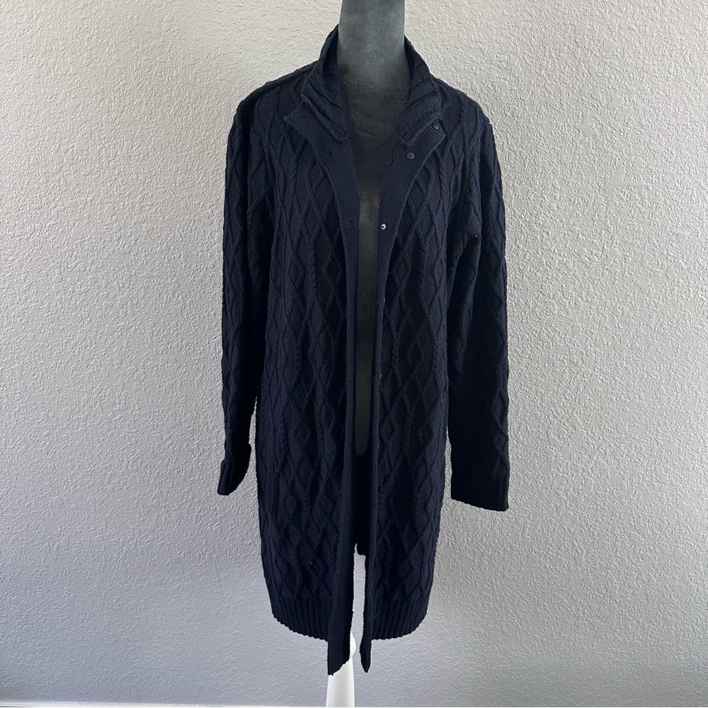 J.Jill Navy Cable Knit Open Front Long Cardigan Sweater Size L